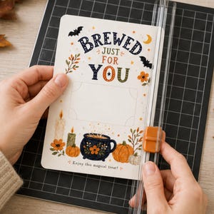 Può includere: Una carta rettangolare con il testo "BREWED JUST FOR YOU" e "Enjoy this magical treat!" con illustrazioni di un calderone nero, zucche, candele, pipistrelli e fiori. La carta viene rifilata con una taglierina per carta in plastica trasparente.