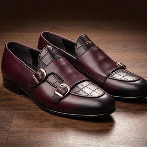 Handmade Mens Shoes Burgundy Double Monk Strap Loafers Croc Embossed Dress Shoes Cowhide Leather Custom Size Gift for Him