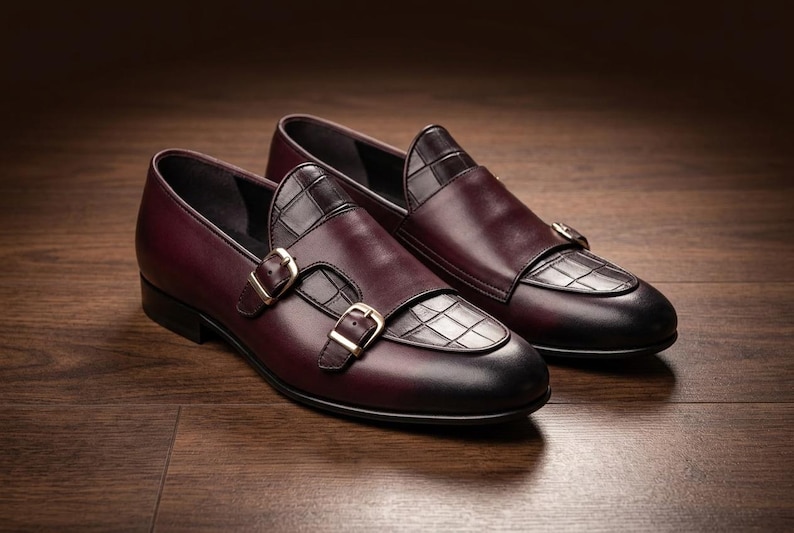Handmade Mens Shoes Burgundy Double Monk Strap Loafers Croc Embossed Dress Shoes Cowhide Leather Custom Size Gift for Him