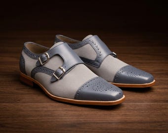 Handmade Men’s Leather Double Monk Strap Shoes, Gray & Beige Brogue Dress Shoes with Cap Toe.