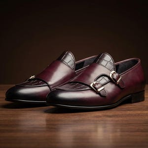 Handmade Mens Shoes Burgundy Double Monk Strap Loafers Croc Embossed Dress Shoes Cowhide Leather Custom Size Gift for Him
