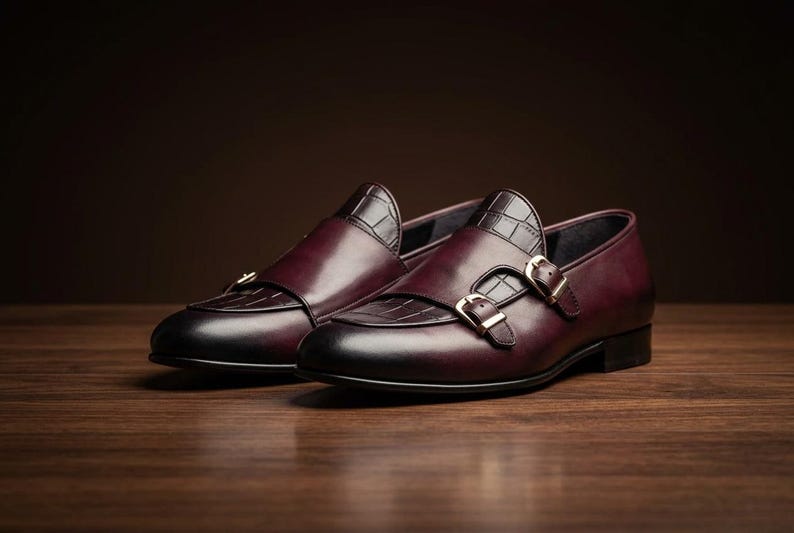 Handmade Mens Shoes Burgundy Double Monk Strap Loafers Croc Embossed Dress Shoes Cowhide Leather Custom Size Gift for Him