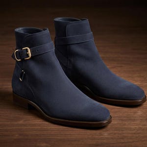 May include: A pair of navy blue suede ankle boots featuring a rounded toe, a low stacked heel, and a decorative strap across the ankle secured with a gold-toned metal buckle. The boots have a smooth finish and a dark brown sole edge.