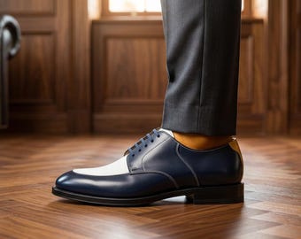 Oxford herenschoenen blauw wit zadel, handgemaakte tweekleurige geklede schoenen, leren trouwschoenen, formele oxford schoenen, aangepast schoeisel