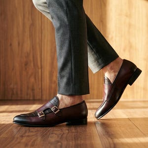 Handmade Mens Shoes Burgundy Double Monk Strap Loafers Croc Embossed Dress Shoes Cowhide Leather Custom Size Gift for Him