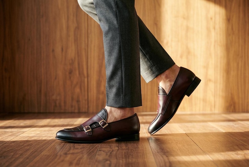 Handmade Mens Shoes Burgundy Double Monk Strap Loafers Croc Embossed Dress Shoes Cowhide Leather Custom Size Gift for Him