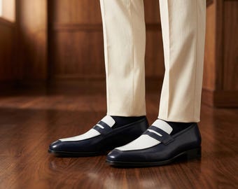 Black White Penny Loafers for Men, Handmade Leather Dress Shoes, Two Tone Luxury Loafers, Custom Wedding Footwear