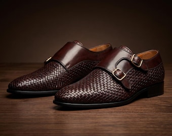 Handmade Men’s Double Monk Strap Shoes, Brown Woven Leather Dress Shoes with Buckles.