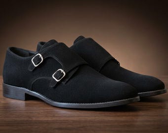 Men's Black Suede Double Monk Strap Dress Shoes, Artisan Leather Formal Footwear