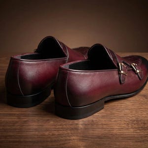 Handmade Mens Shoes Burgundy Double Monk Strap Loafers Croc Embossed Dress Shoes Cowhide Leather Custom Size Gift for Him