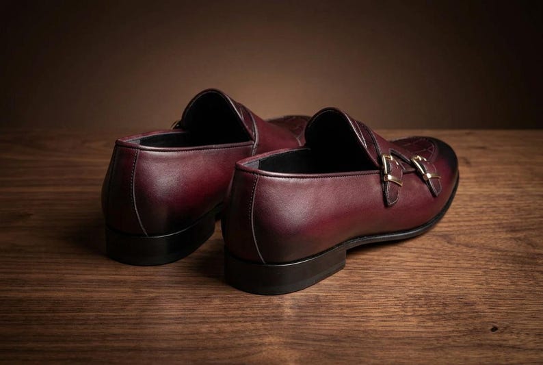 Handmade Mens Shoes Burgundy Double Monk Strap Loafers Croc Embossed Dress Shoes Cowhide Leather Custom Size Gift for Him