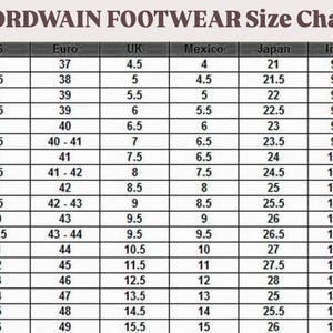 May include: A black and white Cordwain Footwear size chart table with columns for US, Euro, UK, Mexico, Japan, and Inches. The grid displays numerical shoe size conversions ranging from US size 5 to 16, with corresponding international measurements.