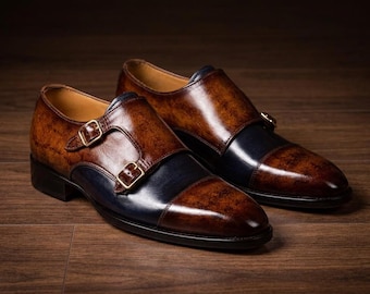 Handmade Mens Shoes Brown and Navy Double Monk Strap Patina Dress Shoes Cowhide Leather Custom Size Gift for Him