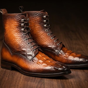 Handmade Mens Boots Alligator Print Leather Patina Lace Up Ankle Boots Cowhide Leather Custom Size Gift for Him