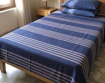 Akhmim Handloom Egyptian Cotton Bedspread, Blue Striped Boho Throw (94.5 x 63 inches)