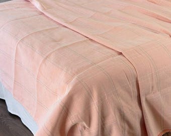 Handwoven Akhmim Egypt Pink Blanket, Soft Cotton Bedspread, Boho Farmhouse Throw