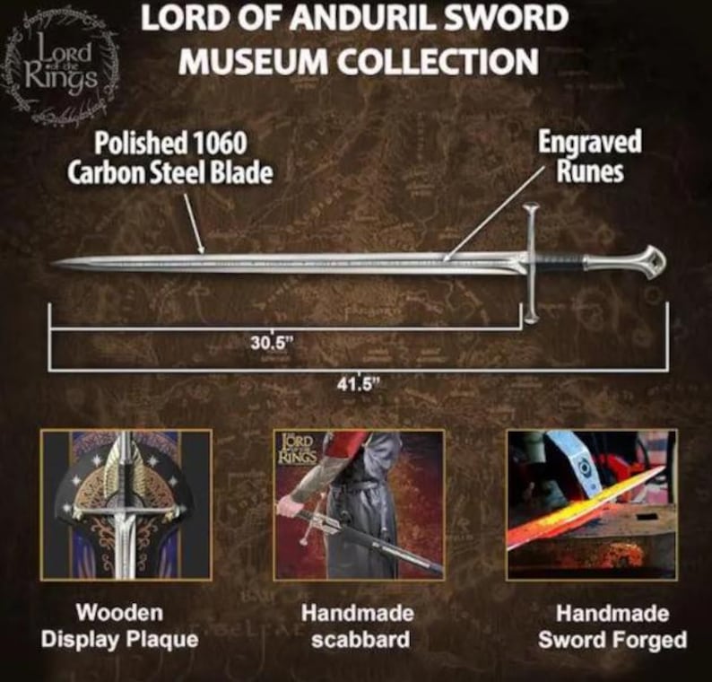 May include: Lord of the Rings Anduril sword from the museum collection. Features a polished 1060 carbon steel blade with engraved runes. The blade measures 30.5 inches, with a total length of 41.5 inches. Includes a wooden display plaque and scabbard.