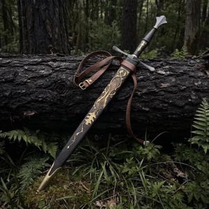 May include: A longsword with a dark handle and a silver-toned pommel, resting in a black scabbard. The scabbard features intricate gold-colored metal filigree in a vine and leaf pattern, with a matching gold-colored tip and a brown leather strap.