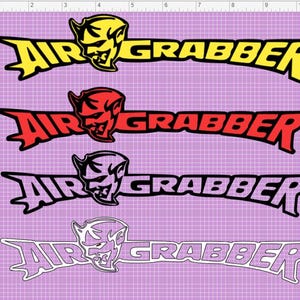 Puede incluir: Cuatro calcomanías de vinilo con el texto AIR GRABBER y un gráfico de cabeza de demonio. El número 1 es amarillo, el 2 es rojo, el 3 es negro y el 4 es blanco con un borde fino. Cada calcomanía está numerada del 1 al 4 sobre un fondo de cuadrícula morado.