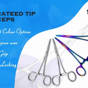 May include: Four 14cm serrated tip forceps with ring handles and a three-step locking mechanism. Two forceps are silver-toned metal, and two feature a multi-colored iridescent finish. Text on the image reads: SERRATEED TIP FORCEPS, SIZE 14CM.