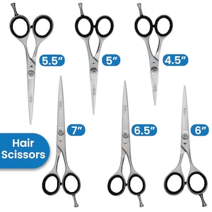 May include: A collection of six silver-coloured stainless steel hair scissors with black finger ring inserts. Each pair is labelled with its specific length in inches, ranging from 4.5 inches to 7 inches, and features the brand name Sandner England.