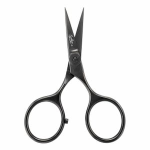 May include: A pair of matte black metal scissors with two circular finger loops and sharp, pointed blades. The text Sandvik ENGLAND CE is printed in white on one of the blades. The scissors feature a central pivot screw and a small metal stopper.