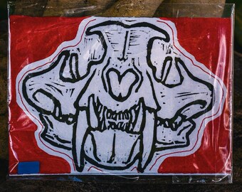 Grabado en linóleo de calavera de oso - linograbado original, obra de arte única