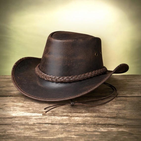 Brown Leather Western Cowboy Hat | Distressed Leather Hat | Braided Band Cowboy Hat | Genuine Leather Western Hat | Outback Style Hat