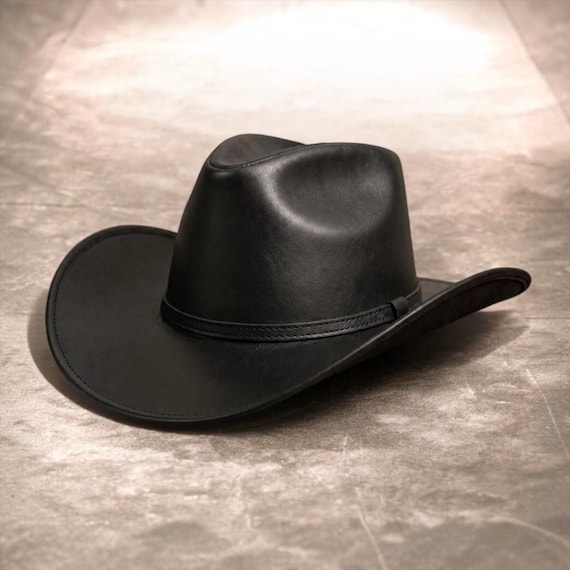 Men’s Black Leather Western Hat | Genuine Leather Cowboy Hat | Classic Black Cowboy Hat | Western Leather Hat | Rodeo Hat Men