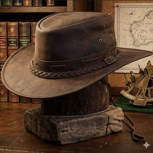 May include: A dark brown leather hat with a wide brim and a braided leather band around the crown. The hat features a small metal buckle on the side of the band and two ventilation eyelets on each side of the crown, resting on a wooden block.