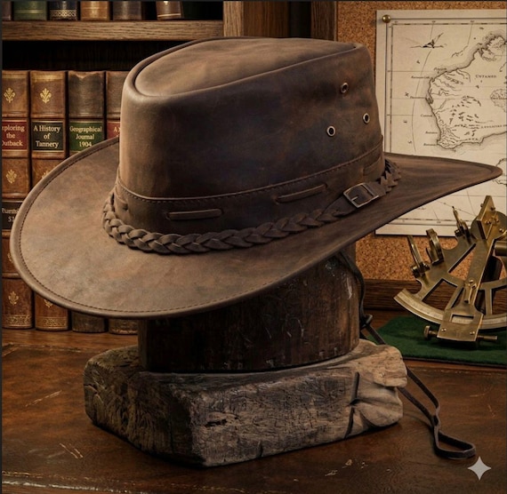 Leather Outback Hat | Brown Genuine Leather Bush Hat | Adventure Hat | Braided Band Hat