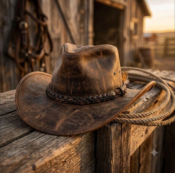 Leather Outback Hat | Brown Genuine Leather Bush Hat | Adventure Hat | Braided Band Hat