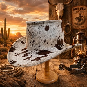 Cappello a cilindro in pelle di vacchetta in stile steampunk / Cappello da cowboy per festival western / Cappello da fuorilegge con motivo a macchie di mucca, stile country con tesa standard