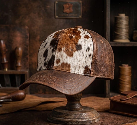 Cowhide Leather Baseball Cap | Hair On Hide Western Hat | Distressed Leather Brim | Handcrafted Cowgirl Cowboy Cap | Country Music Gift