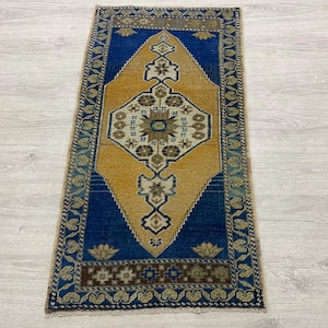 Alfombra turca pequeña de 2x4, alfombra de baño, alfombra amarilla y azul, alfombra bohemia, alfombra anudada a mano, alfombra vintage, alfombra de lana, alfombra decorativa, 1,9 x 3,6 pies