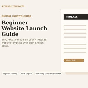 May include: A digital how-to guide titled Beginner Website Launch Guide by Sitedrop Templates. The graphic features text about editing, hosting, and publishing HTML/CSS templates, a document icon labeled HTML/CSS, and buttons for Beginner Friendly, Plain English, and No Coding Experience Needed.