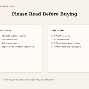 Pode incluir: Um gr&aacute;fico informativo intitulado SITEDROP TEMPLATES e Please Read Before Buying. Lista o que o produto &eacute;, incluindo modelos de site HTML/CSS, arquivos est&aacute;ticos e guias digitais, e o que n&atilde;o &eacute;, como temas WordPress ou modelos Canva.