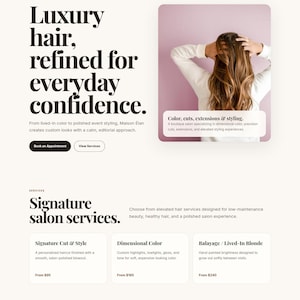 May include: A website landing page for Maison Élan Salon featuring the text Luxury hair, refined for everyday confidence. The page includes a photograph of a person with long brown hair, service categories like Signature Cut & Style, Dimensional Color, and Balayage, and buttons for booking appointments.