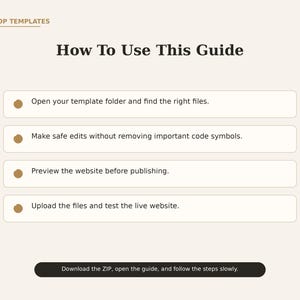 Pode incluir: Um guia de instru&ccedil;&otilde;es intitulado SITEDROP TEMPLATES How To Use This Guide com quatro passos: Open your template folder, Make safe edits, Preview the website e Upload the files. Um bot&atilde;o preto na parte inferior diz Download the ZIP.