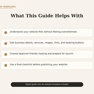 Pode incluir: Um guia digital intitulado Sitedrop Templates com o cabe&ccedil;alho What This Guide Helps With. Lista quatro pontos: entender arquivos de sites, editar detalhes, escolher hospedagem e usar uma lista de verifica&ccedil;&atilde;o. Uma barra preta indica Digital guide only. No website template included.