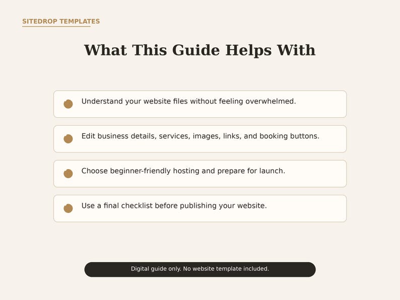 Pode incluir: Um guia digital intitulado Sitedrop Templates com o cabe&ccedil;alho What This Guide Helps With. Lista quatro pontos: entender arquivos de sites, editar detalhes, escolher hospedagem e usar uma lista de verifica&ccedil;&atilde;o. Uma barra preta indica Digital guide only. No website template included.