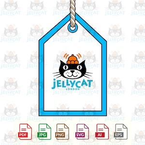 May include: A rectangular blue-bordered tag hanging from a rope, featuring a black cat illustration with an orange hat and the text Jellycat London. Below the tag are six file format icons labeled PDF, JPG, PNG, SVG, AI, and EPS in various colors.