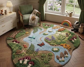 Woodland Nursery Rug, Hand Tufted Wool Forest Rug, Kids Room Decor