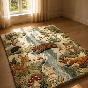 : Woodland animal rug displayed on warm wood flooring in a bright cozy nursery.