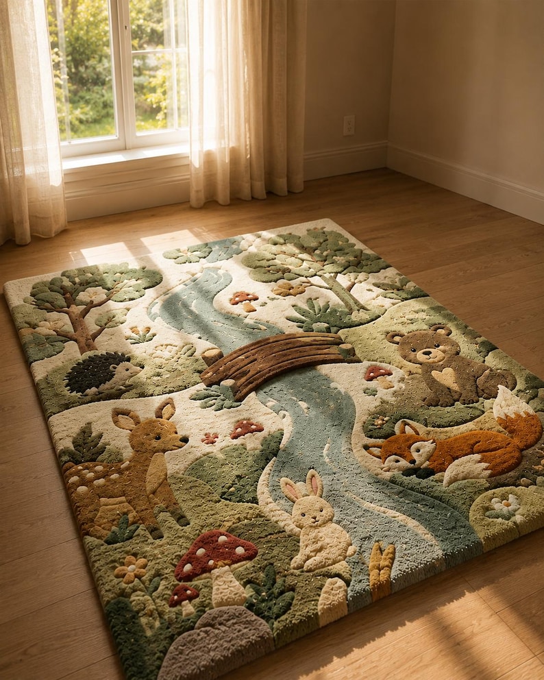 : Woodland animal rug displayed on warm wood flooring in a bright cozy nursery.
