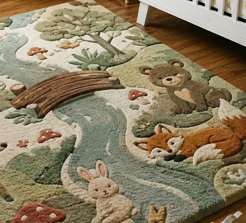 May include: A textured area rug featuring a forest scene with a winding blue river, a wooden bridge, and various animals including a brown bear, an orange fox, and a beige rabbit. The design includes green trees, small mushrooms, and foliage.