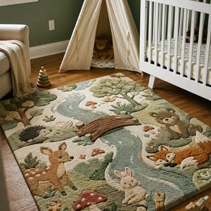 Hand tufted woodland nursery rug with forest animals, river, bridge, trees and mushrooms.