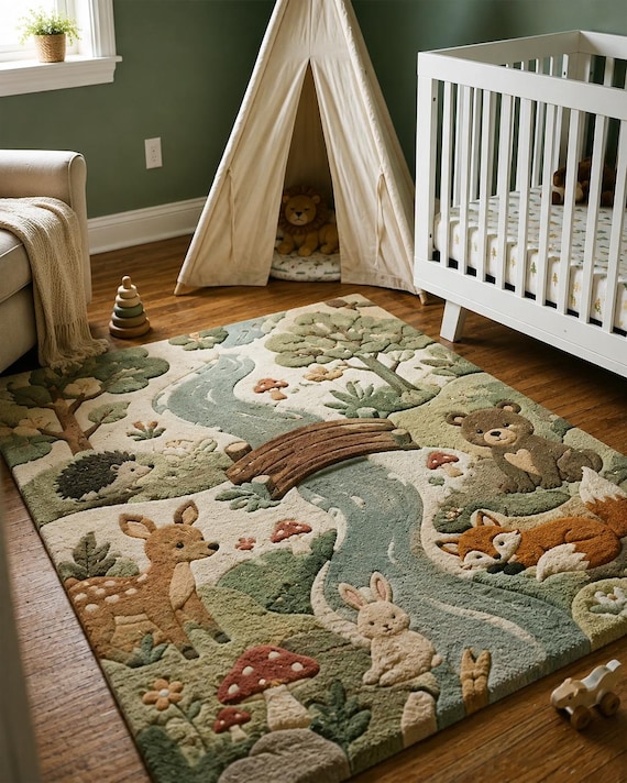 Woodland Nursery , Forest Animal Rug, Tufted Wool Kids Room Rug, Nature Decor