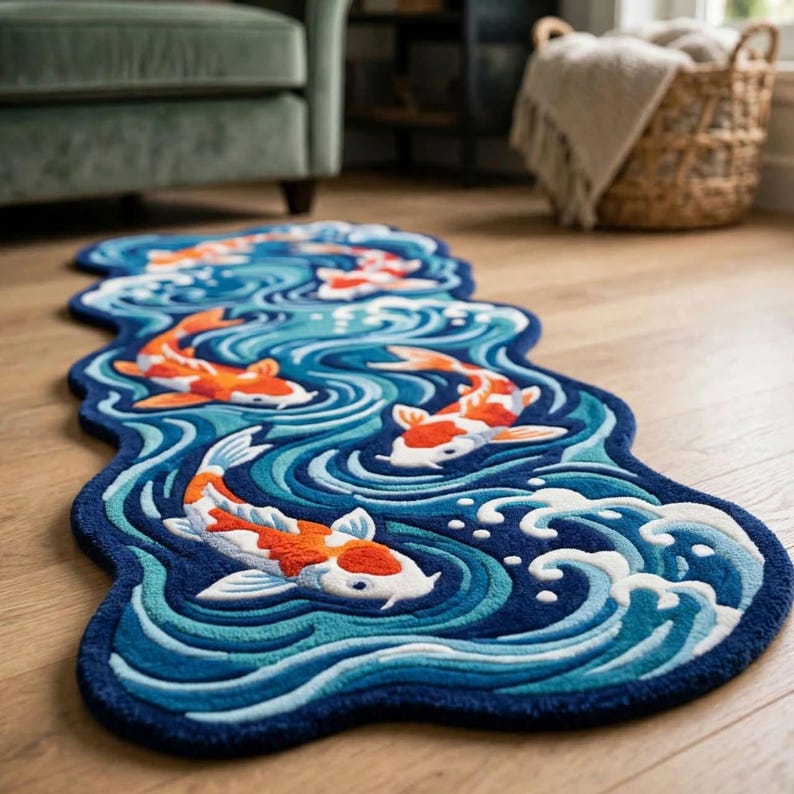 Koi Fish Runner Rug, Hand Tufted Wool Rug, Blue Wave Japanese Inspired ...