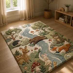 May include: A rectangular area rug featuring a textured forest scene with a winding blue river, a wooden bridge, and various animals including a deer, fox, bear, rabbit, and hedgehog, surrounded by green trees, foliage, and red mushrooms.